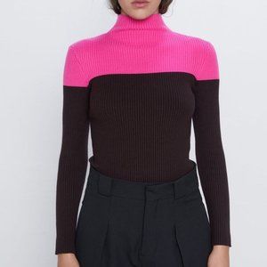 Zara mock-neck pink and brown sweater | L